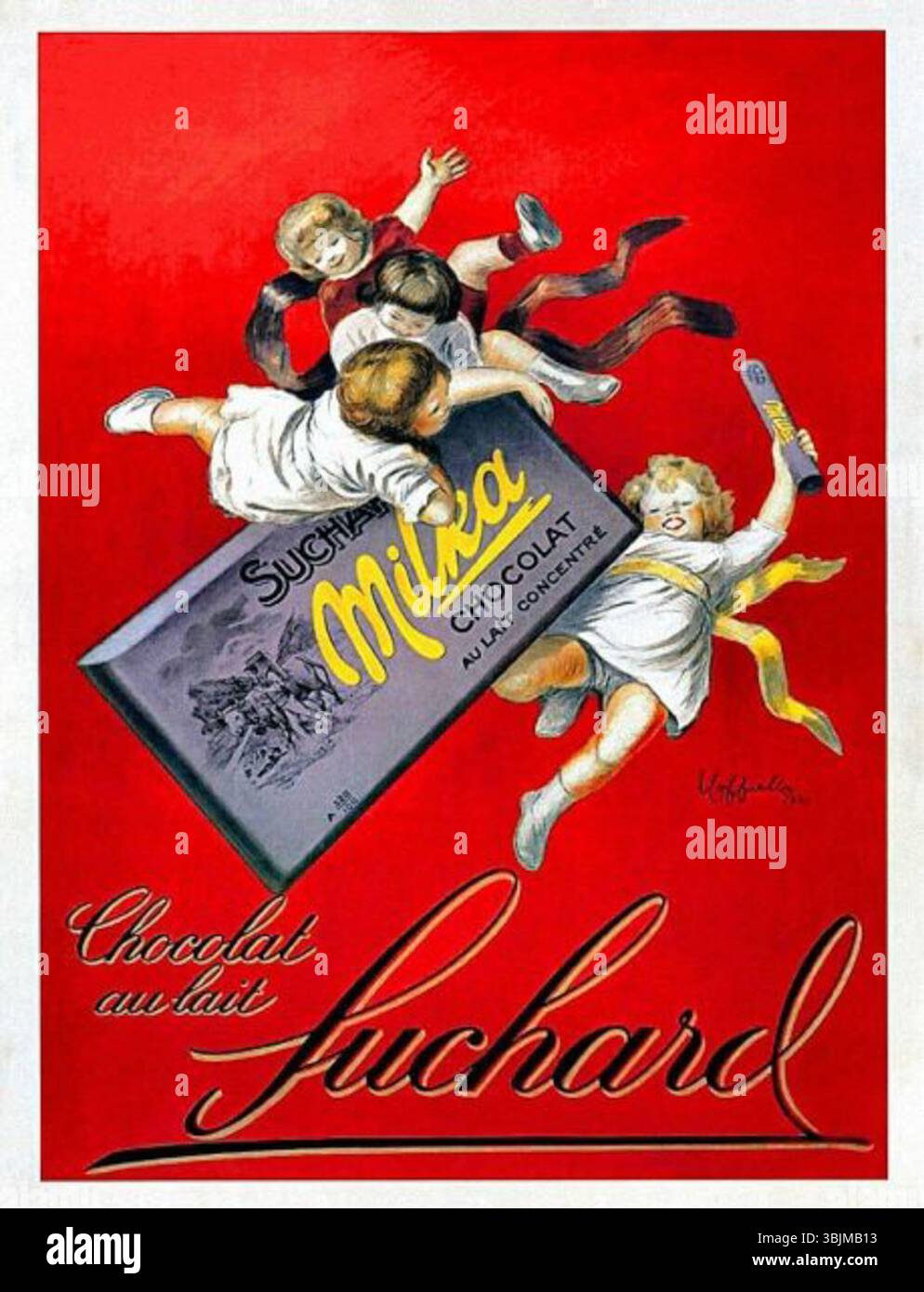Chocolat au lait Suchard, une affiche 1925 de Leonetto Cappiello, promeut la marque de chocolat suisse avec des visuels vibrants. L’œuvre reflète le style caractéristique de Cappiello dans la publicité du début du XXe siècle, mettant l’accent sur le luxe du chocolat. Banque D'Images