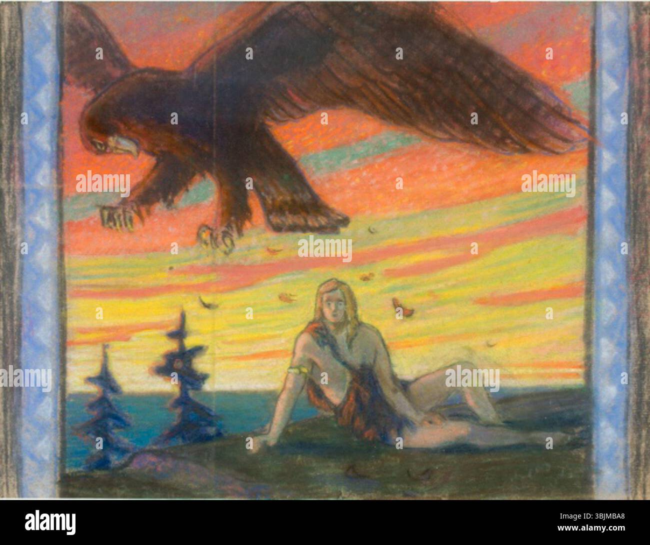 *Motiiv Kalevipoja ainetel (Kalev et l'aigle)* d'Oskar Kallis, peint en 1913, utilise le pastel et le papier pour représenter la scène mythique de l'épopée *Kalevipoeg*. La composition représente Kalevipoeg combattant un aigle. Banque D'Images