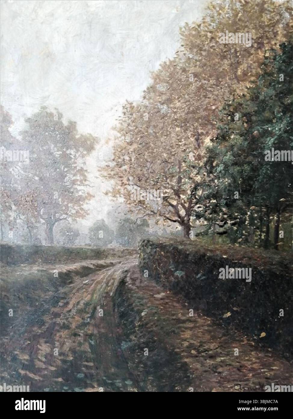 Le tableau Úvoz na podzim d'Arno Novák de 1900 représente un paysage de campagne automnale. La peinture à l'huile met en valeur la beauté naturelle de la campagne tchèque pendant l'automne, avec des couleurs riches et une atmosphère sereine. Banque D'Images