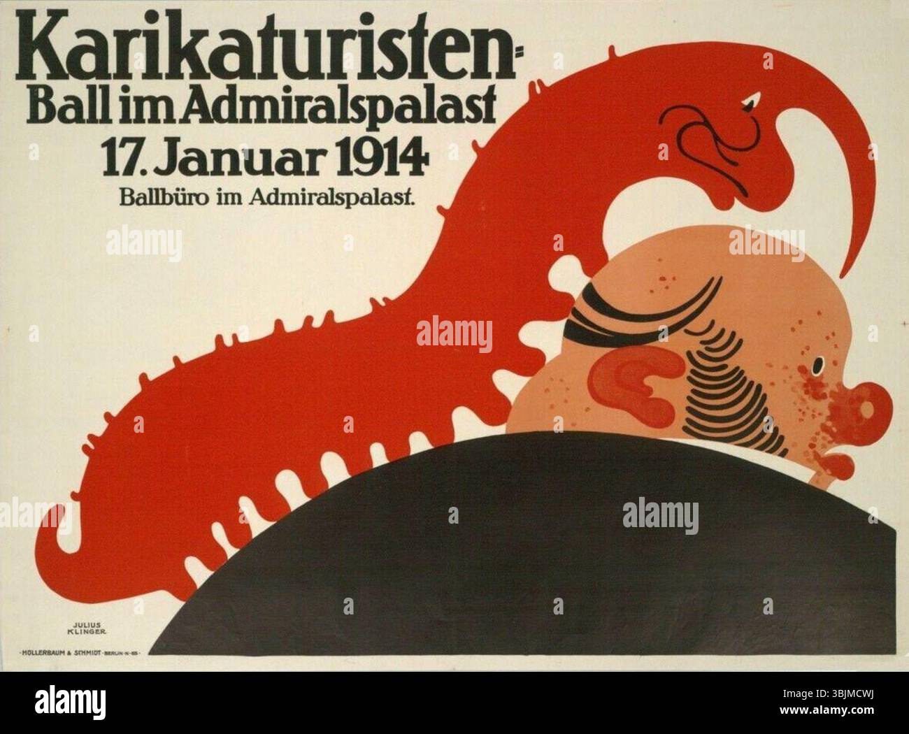 *Karikaturisten-Ball im Admiralspalast* (1914) de Julius Klinger est une lithographie couleur représentant un bal animé à l’Admiralspalast, avec des caricatures des participants. L'œuvre capture le dynamisme et l'humour de l'événement. Banque D'Images