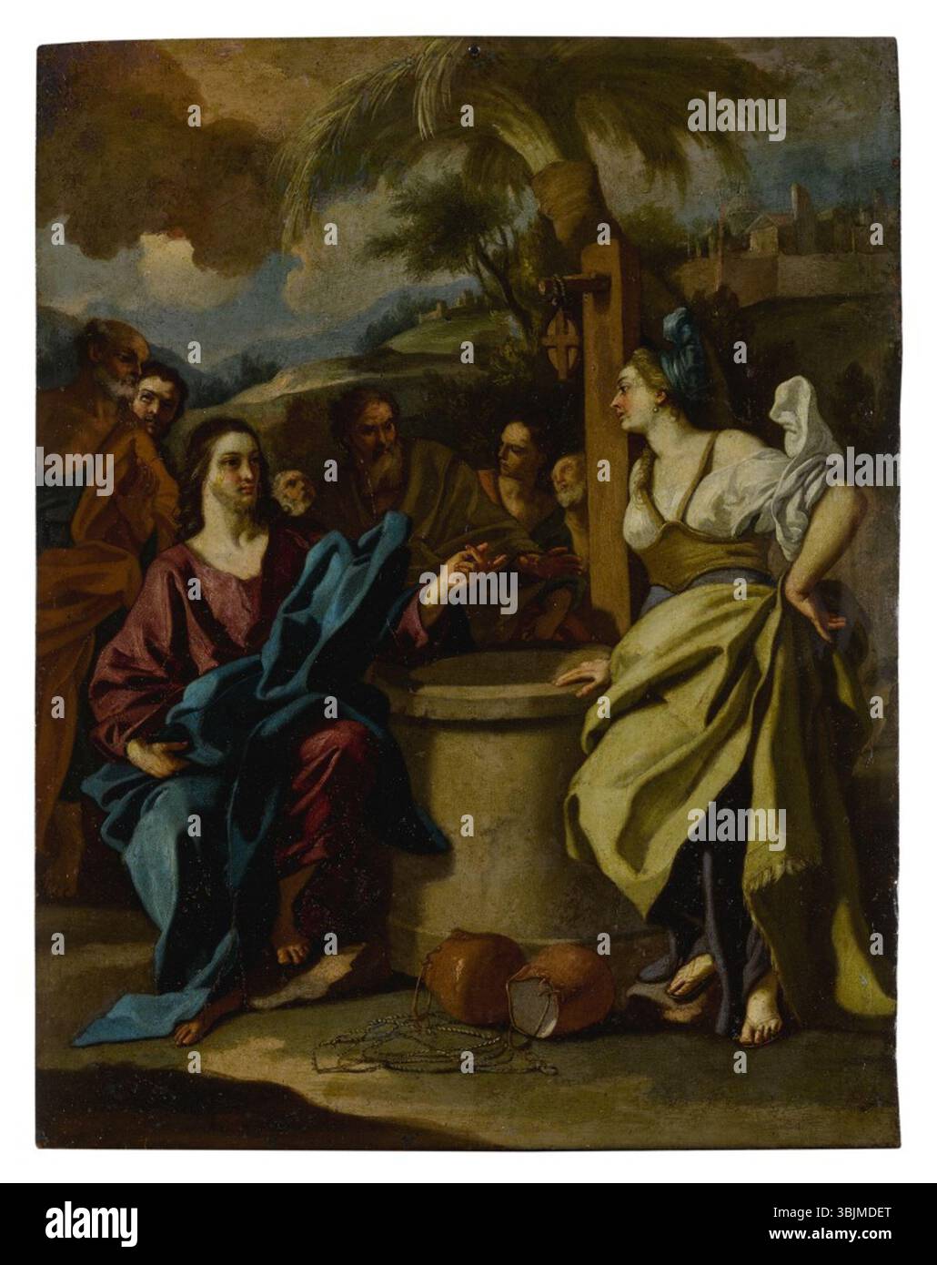 Le Christ et la femme samaritaine au puits de Francesco de Mura est une huile sur cuivre, sans cadre. Il représente la scène biblique où le Christ parle à la Samaritaine, mettant en évidence les thèmes de la compassion, du salut et de la connaissance divine. Banque D'Images