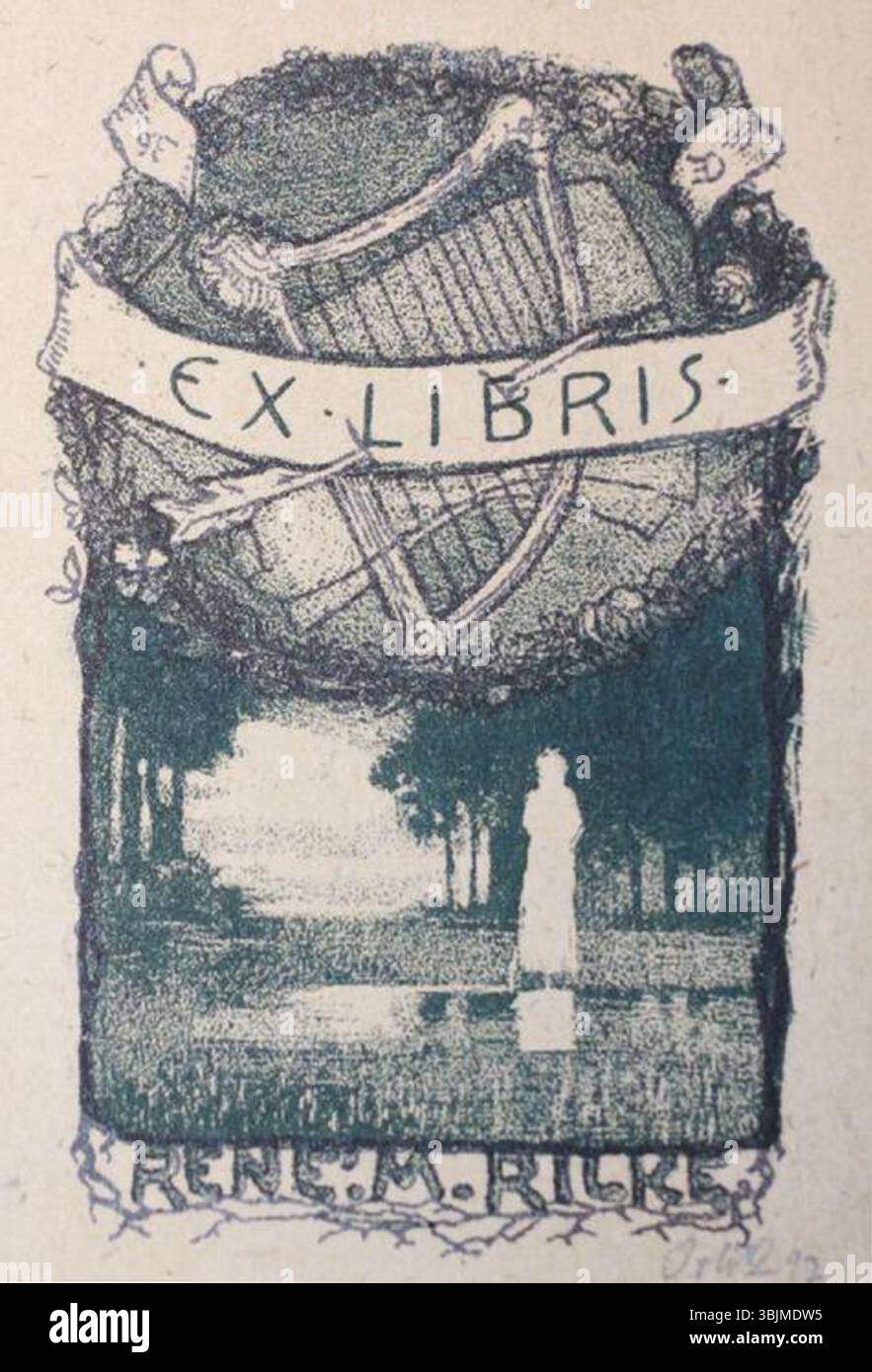 Cet ex libris 1897 par Emil Orlik pour Rainer Maria Rilke comprend la signature d'Orlik et présente des images symboliques dans un design décoratif de bibliothèque. Banque D'Images