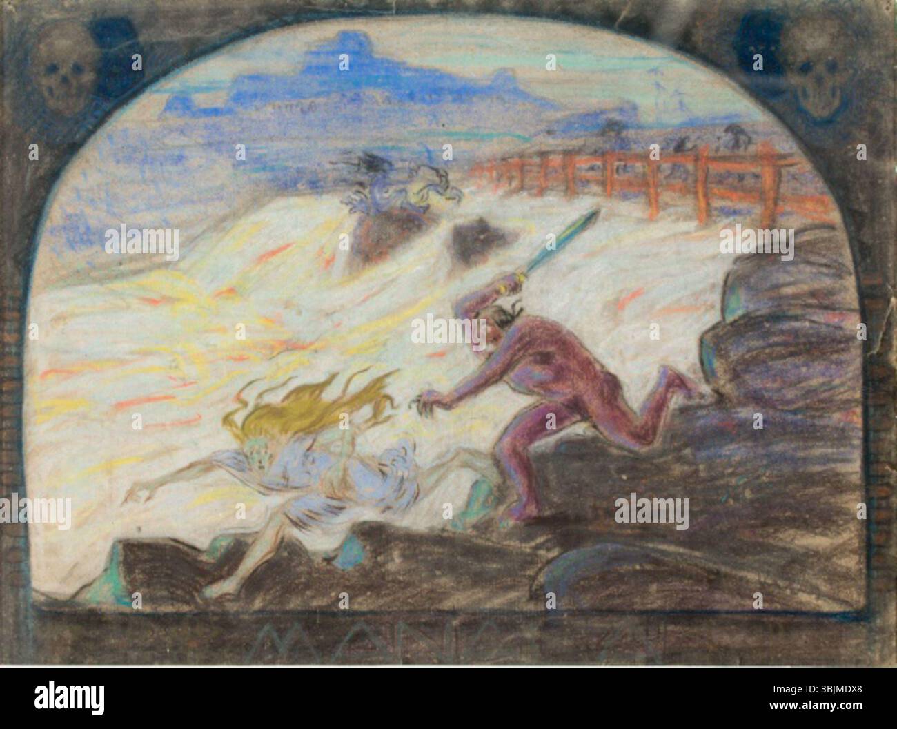 Escape from Hell (Põgenemine manalast) d'Oskar Kallis (1892-1918) représente une scène dramatique et expressive rendue en papier et pastel. L'œuvre de 1915 explore les thèmes de l'évasion et du tourment, reflétant l'intensité émotionnelle du style de l'artiste. Banque D'Images