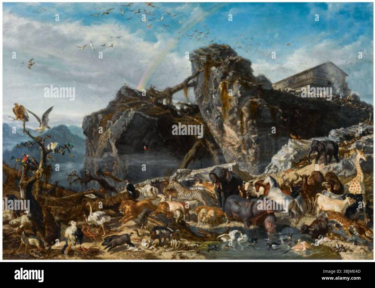 'L'arche de Noé' de Filippo Palizzi, peinte en 1867, montre des animaux quittant l'arche après le déluge, représentés à l'huile sur toile avec un accent sur l'éclairage dramatique et les détails naturalistes. Banque D'Images