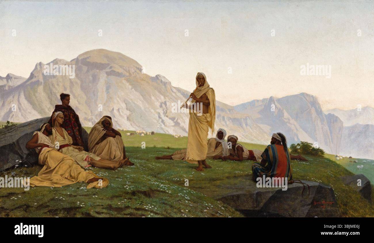 'A Bedouin Musician' (1859) de Gustave Boulanger représente un musicien d'une tribu bédouine, assis avec un instrument traditionnel. La peinture capture les textures complexes de ses vêtements et l'expression sereine, avec l'attention particulière de Boulanger aux détails et l'utilisation de la lumière et de l'ombre, offrant un aperçu de la vie culturelle des Bédouins. Banque D'Images