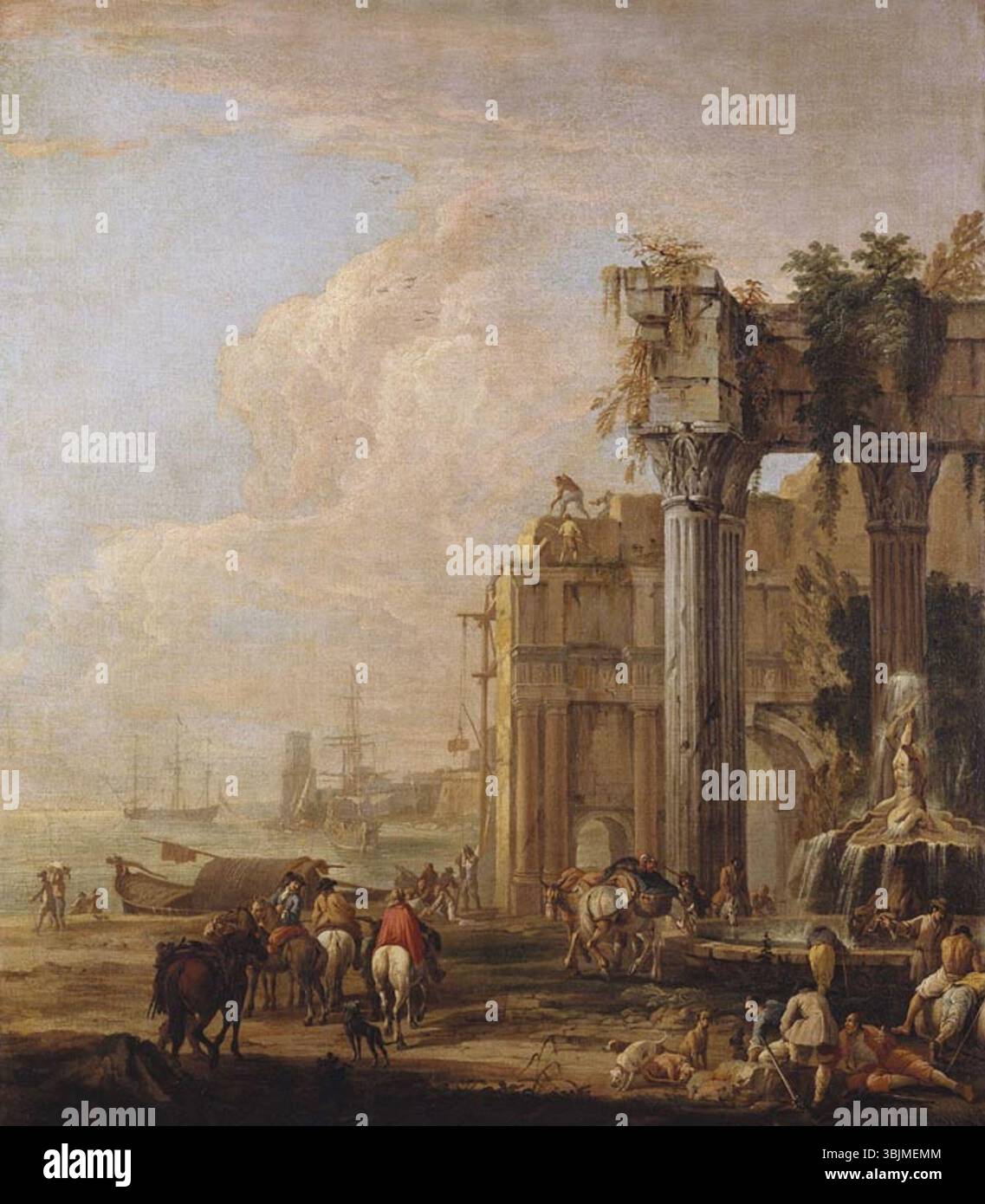 La peinture de Luca Carlevarijs de 1700-1710 représente un port maritime avec une fontaine et des ruines. L’huile sur toile, qui fait partie de la Collection Royale, met en valeur la maîtrise de Carlevarijs dans le rendu des caractéristiques architecturales et des paysages. Son travail capture les éléments dramatiques de l'architecture classique et des paysages naturels. Banque D'Images