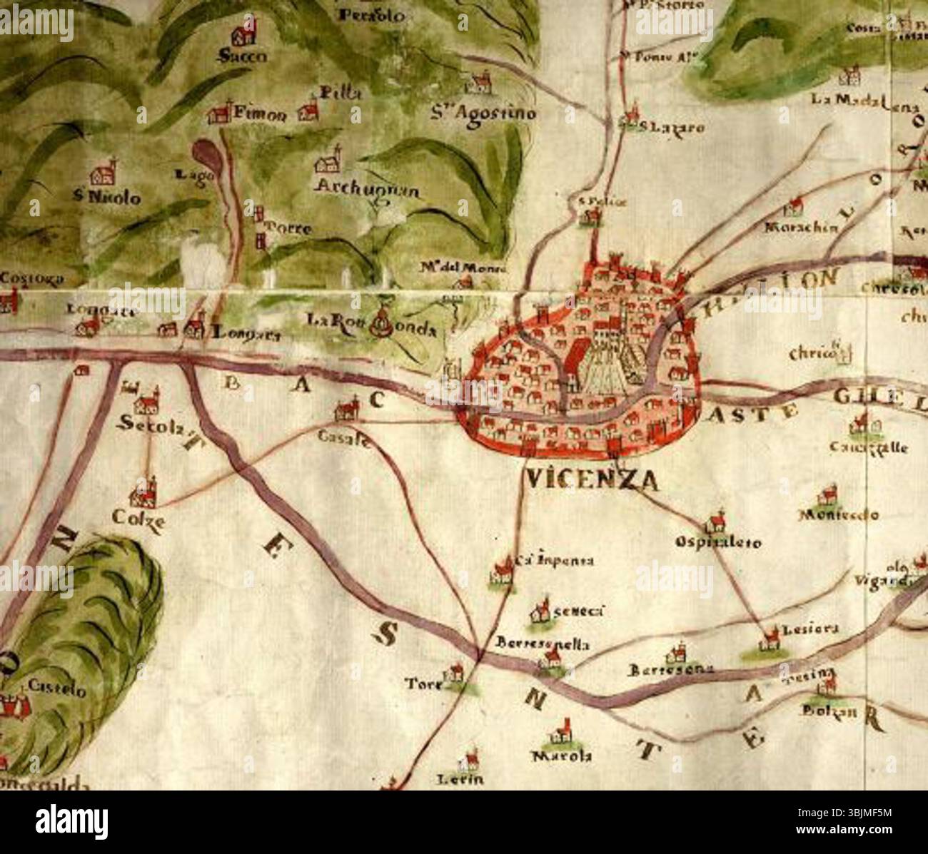 'MAPPA particolare cinta muraria Vicenza' (vers 1646) est une carte mettant en évidence les remparts défensifs de la ville de Vicence en Italie. Cette carte détaillée montre les fortifications stratégiques de l'époque, reflétant la planification urbaine du XVIIe siècle. Banque D'Images