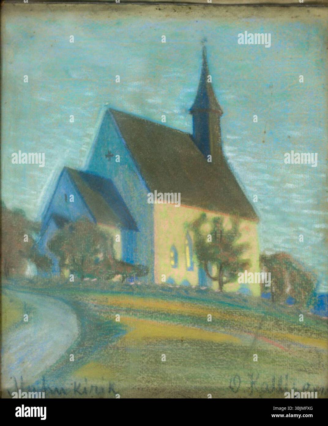 'Muhu kirik' (église de Muhu) d'Oskar Kallis (1892-1918) est une peinture à l'huile sur papier et pastel. Il représente l'église de l'île de Muhu, en Estonie, en mettant l'accent sur son architecture et son environnement paisible. Banque D'Images