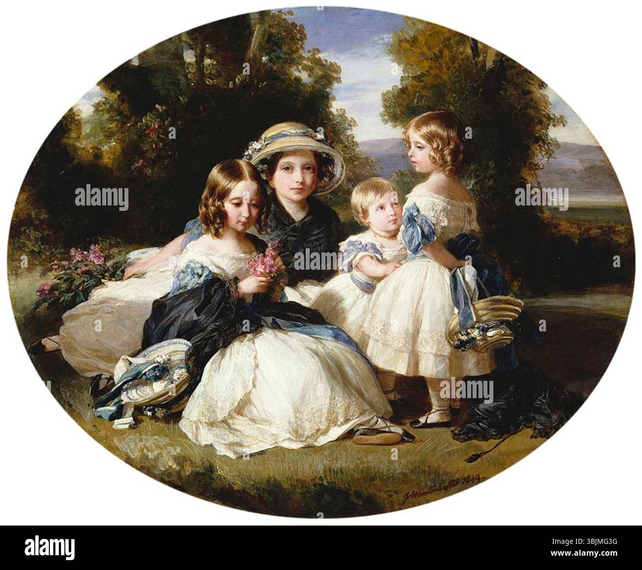 Le tableau de Franz Xaver Winterhalter de 1849 présente les filles de la reine Victoria : Victoria, Princesse Royale, Princesse Alice, Princesse Helena et Princesse Louise. Cette huile sur toile représente les quatre princesses royales dans leur tenue formelle, soulignant leur grâce juvénile et leur statut royal. Banque D'Images