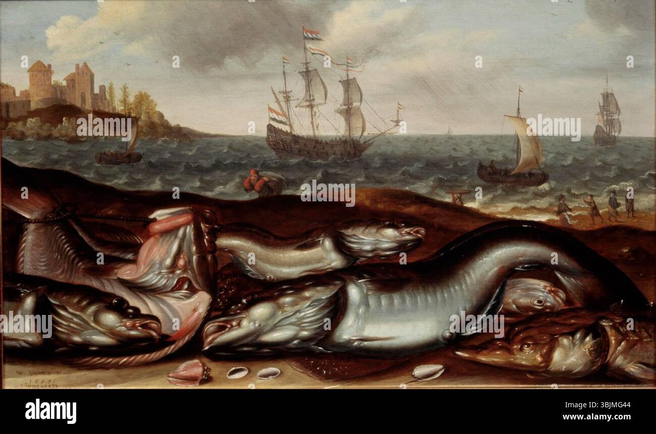 Natures mortes peinture d'Adam Willaerts (1657) représentant une scène de plage, avec un rendu détaillé d'objets marins, conservé au Centraal Museum. Banque D'Images