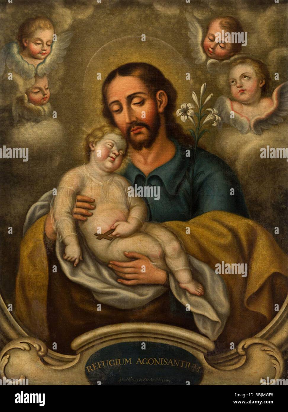 Le tableau du XVIIIe siècle de José Nicolás de Escalera, « San José y el Niño », représente Saint Joseph et le Christ enfant dans un cadre intime et spirituel. L’œuvre à l’huile sur toile met en valeur la tendresse et la dévotion religieuse caractéristiques de l’œuvre d’Escalera. Banque D'Images