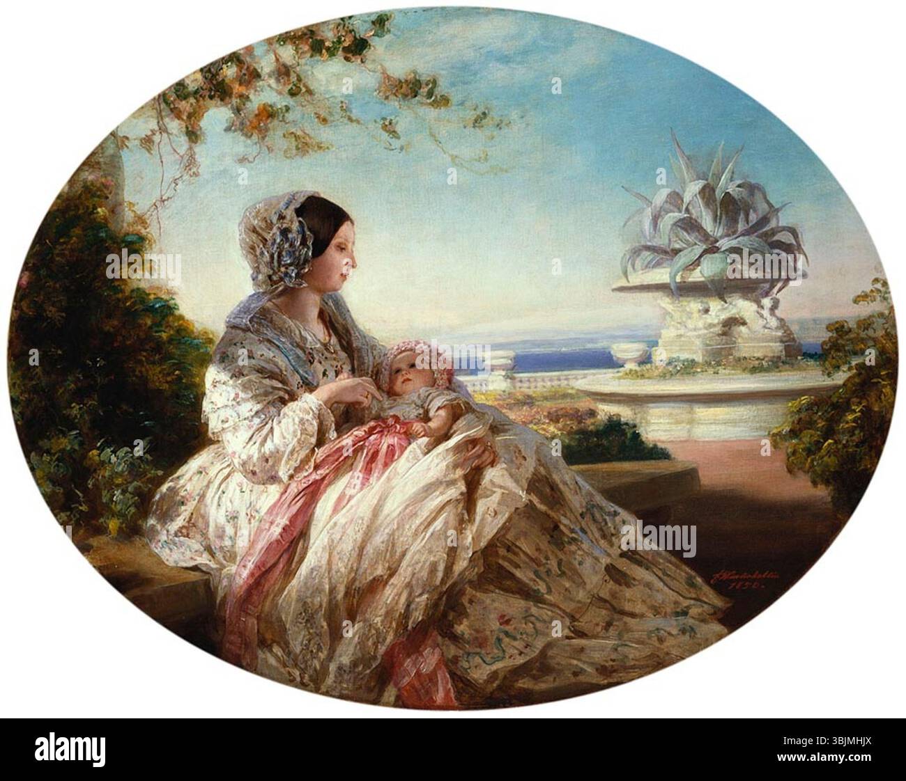 La peinture de Franz Xaver Winterhalter représentant la reine Victoria avec le prince Arthur (1850) représente la mère et le fils royaux britanniques dans un portrait formel. L’huile sur toile souligne le lien entre les deux et leur statut royal, le style signature de Winterhalter soulignant leur présence digne. Banque D'Images