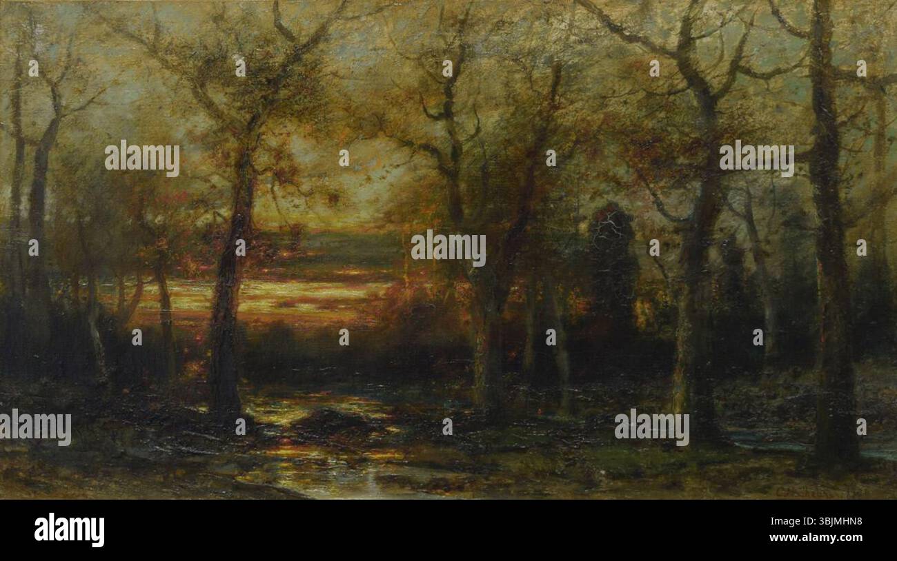 « Indian Summer » (1906) de Christopher Shearer dépeint un paysage serein pendant les chauds mois de la fin de l'automne. La peinture capture les riches couleurs de la saison, avec une atmosphère calme, et reflète l'accent mis par Shearer sur la beauté naturelle à travers une lumière douce et atmosphérique. Banque D'Images