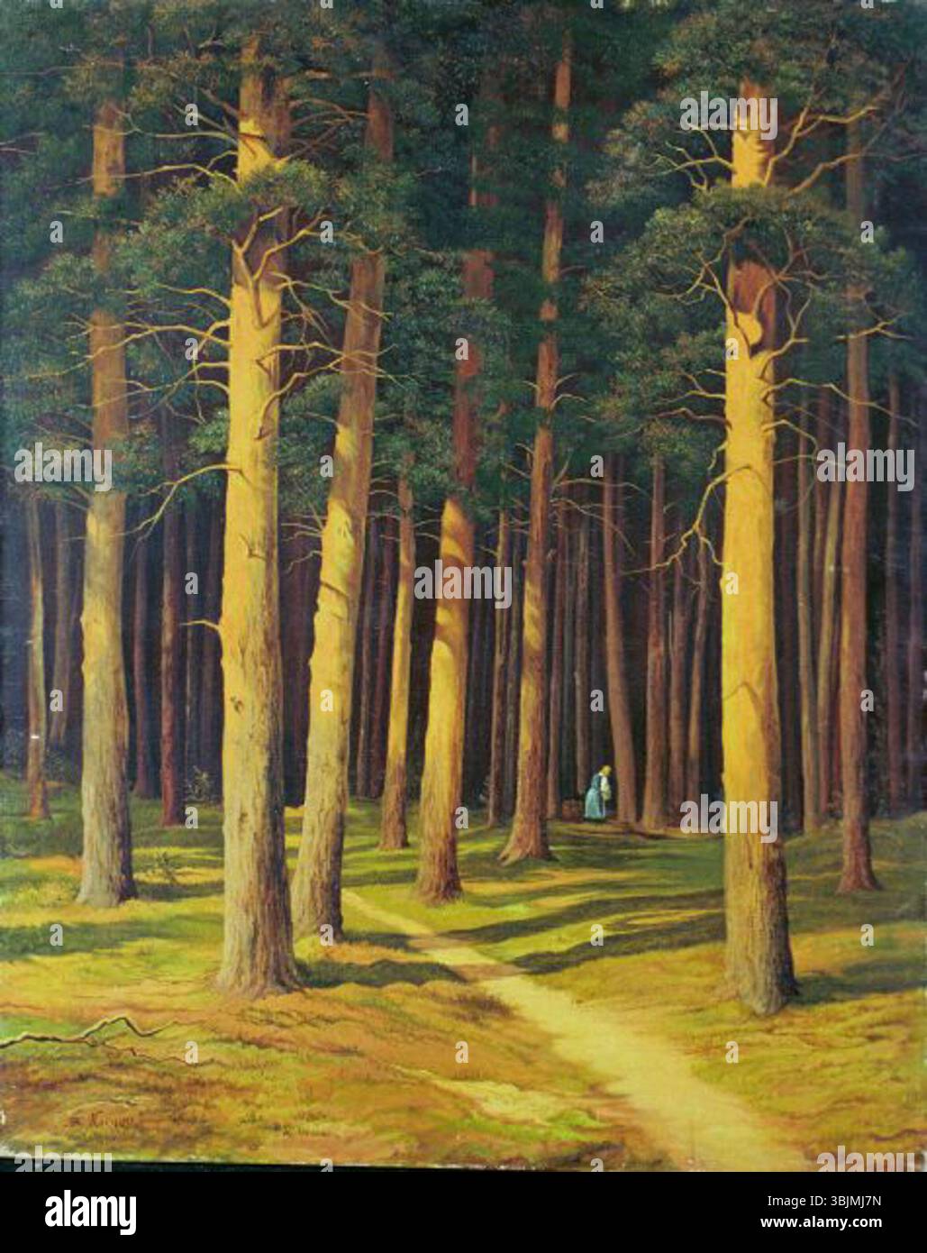 Metsamaastik (paysage forestier) de Mihhail Clodt est une peinture à l'huile sur toile qui capture la beauté sereine d'une forêt en Russie. Le style réaliste de Clodt souligne la riche texture et la lumière naturelle de la scène forestière. Banque D'Images