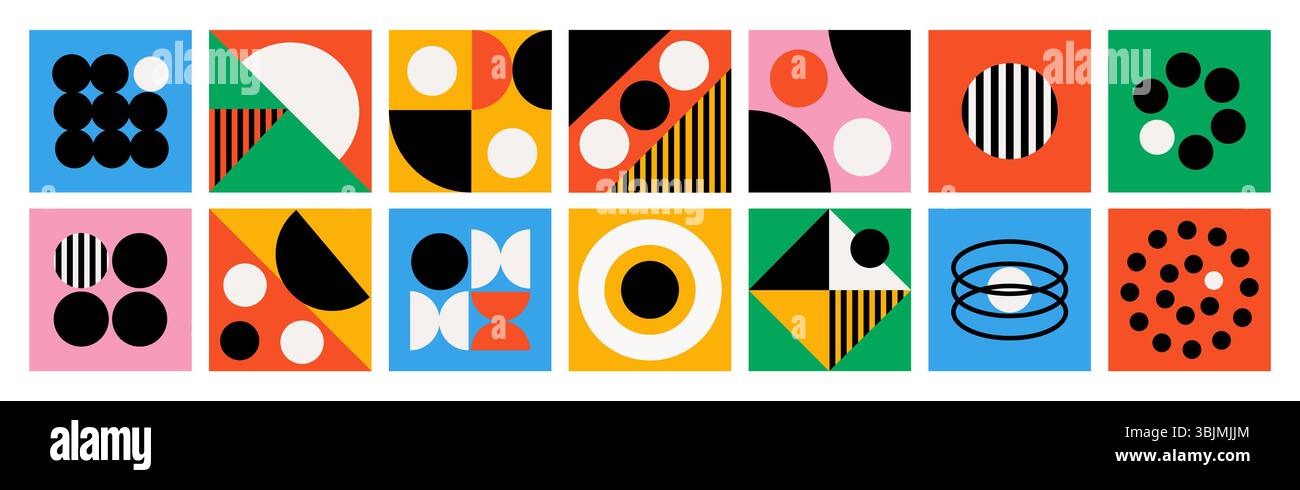 Formes de couleurs Bauhaus. Compositions abstraites géométriques, formes minimalistes, design de motifs modernes, cartes de style brutalisme, composition carrée, mi tendance Illustration de Vecteur