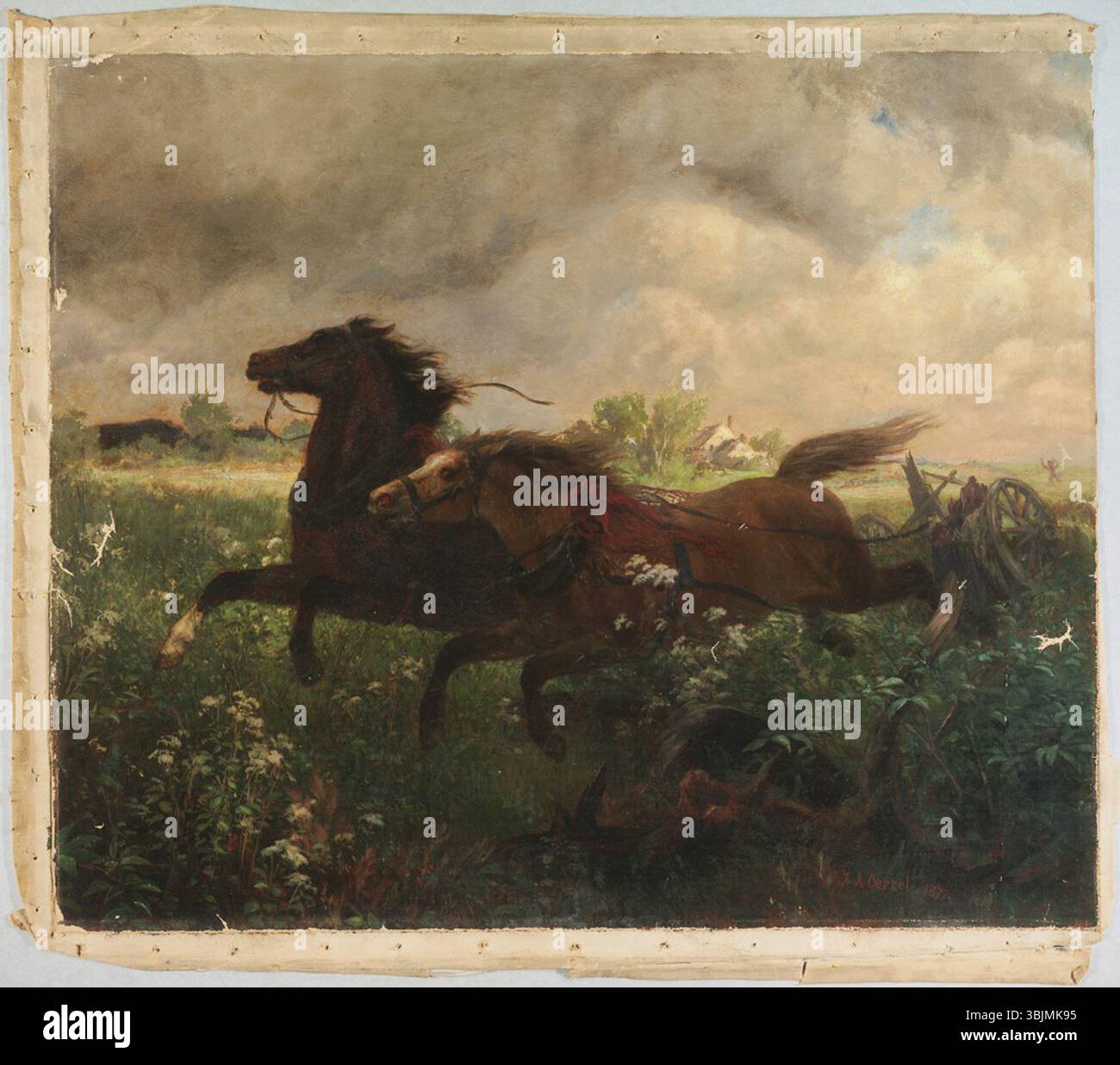Johannes Adam Simon Oertel (1823-1909) peint Runaways en 1877, une huile sur toile représentant une scène dramatique de deux personnages fuyant le danger. La peinture transmet l’urgence et le mouvement, soulignant la compétence d’Oertel à capturer l’action dynamique et l’intensité émotionnelle. Banque D'Images