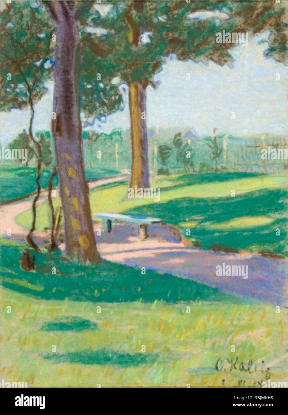 'Metsatee (Pargitee)' (1914) par Oskar Kallis est une peinture pastel et papier montrant une route forestière, représentant la tranquillité et la beauté de la nature. Il reflète l'affinité de l'artiste pour les paysages. Banque D'Images