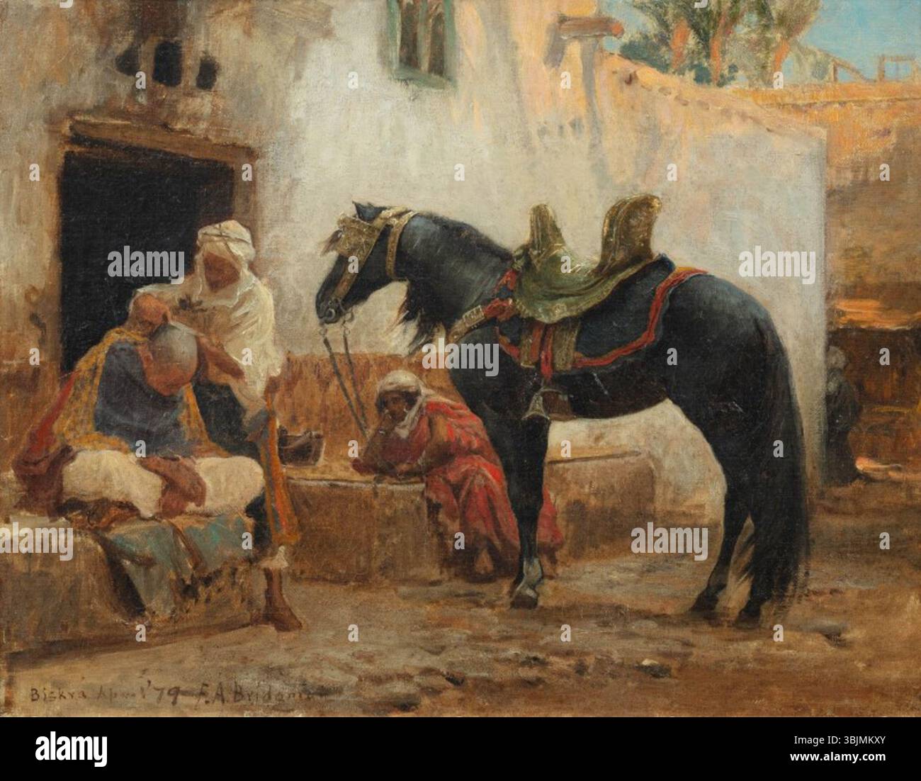 « Le Barbier de Biskra » de Frederick Arthur Bridgman montre un barbier algérien traditionnel au travail dans un cadre nord-africain. L’huile sur toile capture l’atmosphère intime et culturelle du salon de coiffure. Banque D'Images
