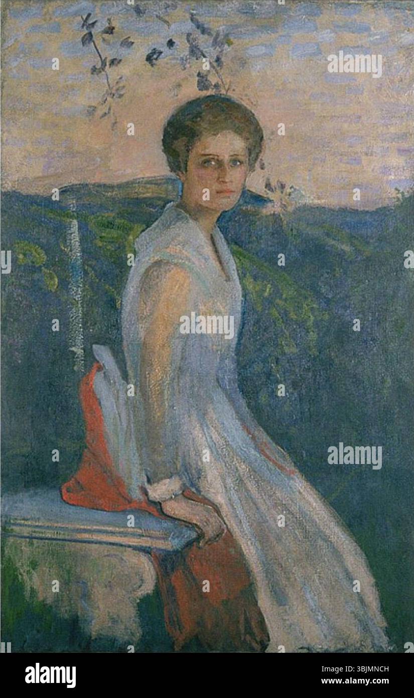 La peinture à l'huile de Kenneth Frazier de 1898, « sans titre » (portrait en pied d'une femme), capture un portrait raffiné d'une femme en tenue traditionnelle. La peinture, mesurant 56 x 36 pouces, fait partie de la collection du Herbert F. Johnson Museum of Art. Banque D'Images