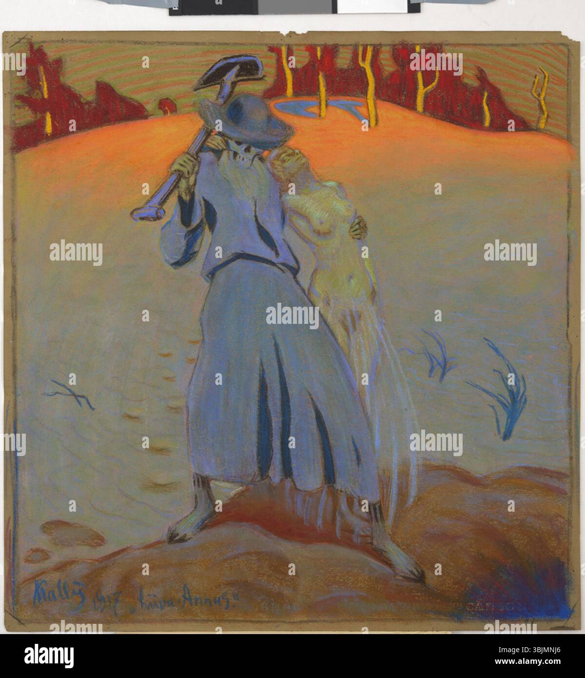 'Liiva-Annus' d'Oskar Kallis, peinte en 1917, est une œuvre d'art en papier et pastel capturant un paysage rural estonien. La technique de Kallis souligne le contraste entre la lumière et l’ombre dans la scène. Banque D'Images