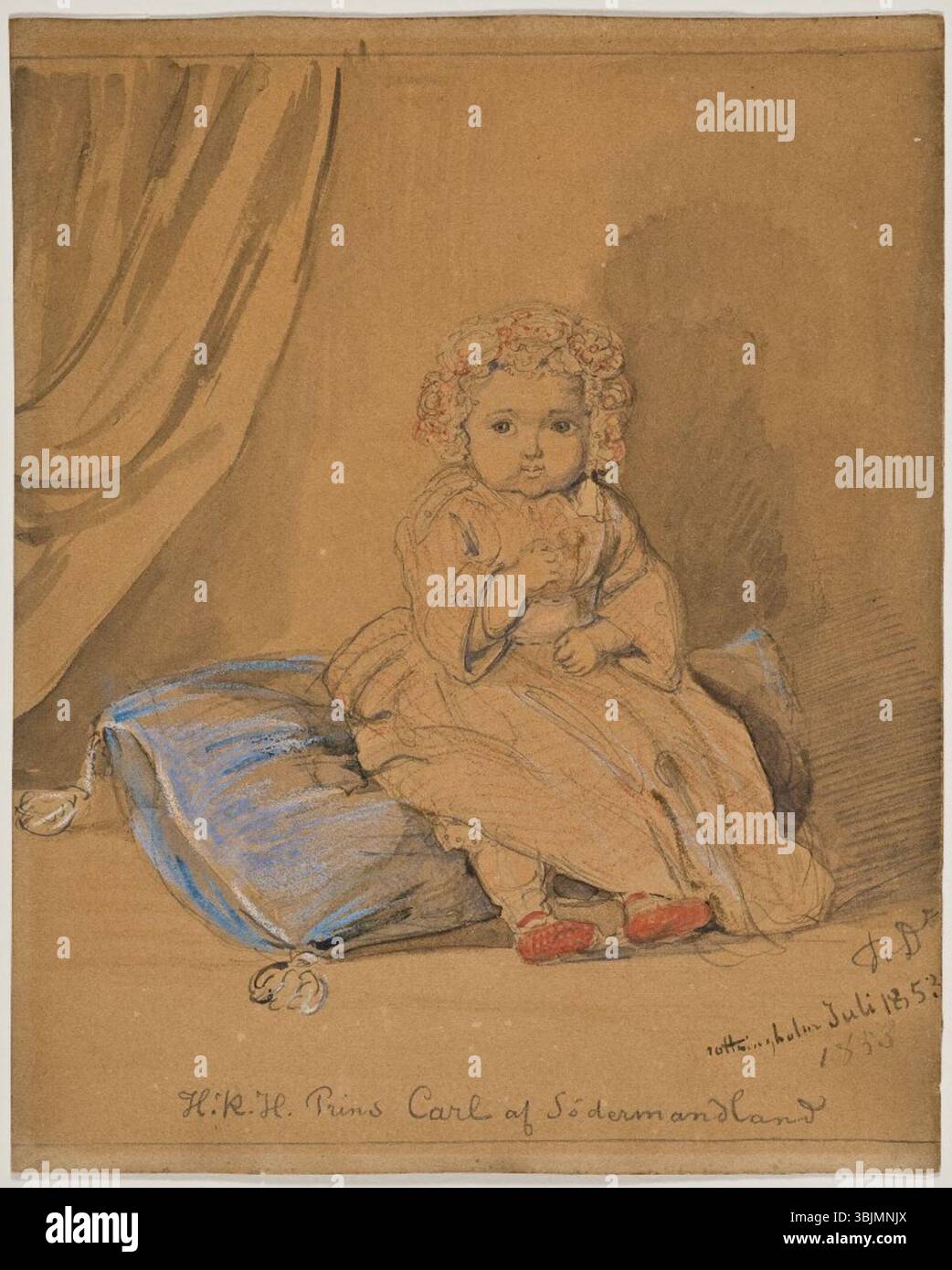 La peinture de Fritz von Dardel représentant Karl Oskar (1852-1854), prince de Suède et de Norvège, dépeint le jeune prince avec une attention particulière à la tenue royale et à la dignité. L'œuvre met en lumière les débuts de cette figure royale, reflétant les traditions européennes du portrait du XIXe siècle. Banque D'Images