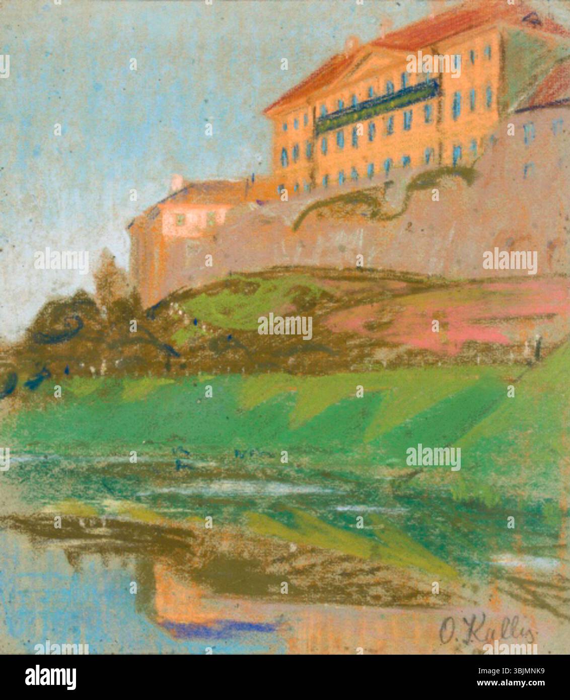 'Toompea' d'Oskar Kallis, peint entre 1913 et 1914, est une œuvre à l'huile et au pastel représentant le château de Toompea à Tallinn, en Estonie. La pièce capture la grandeur architecturale du château historique. Banque D'Images