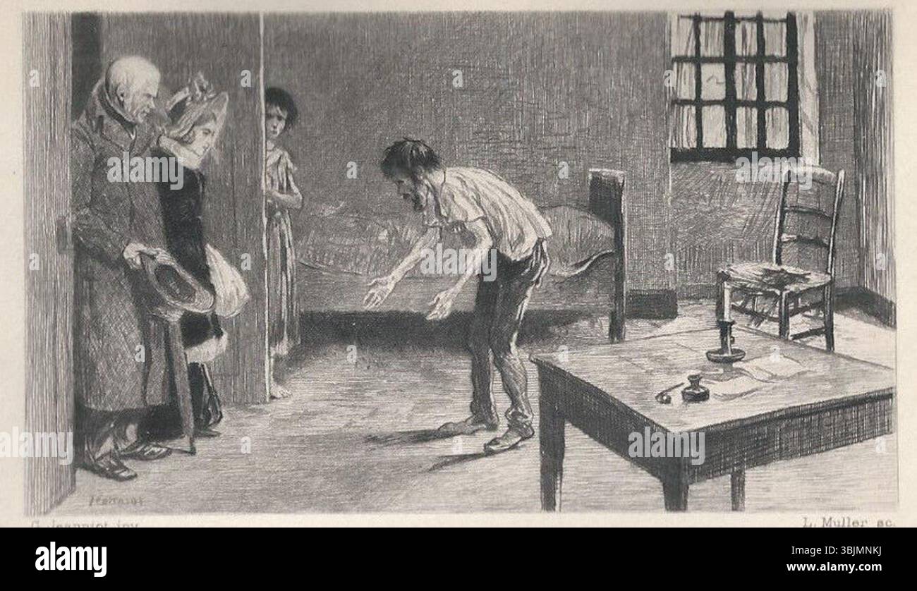 L’illustration de Pierre-Georges Jeanniot pour « les Misérables » réalisée en 1890 représente une visite caritative de Jean Valjean et Cosette à la famille Jondrette. Banque D'Images