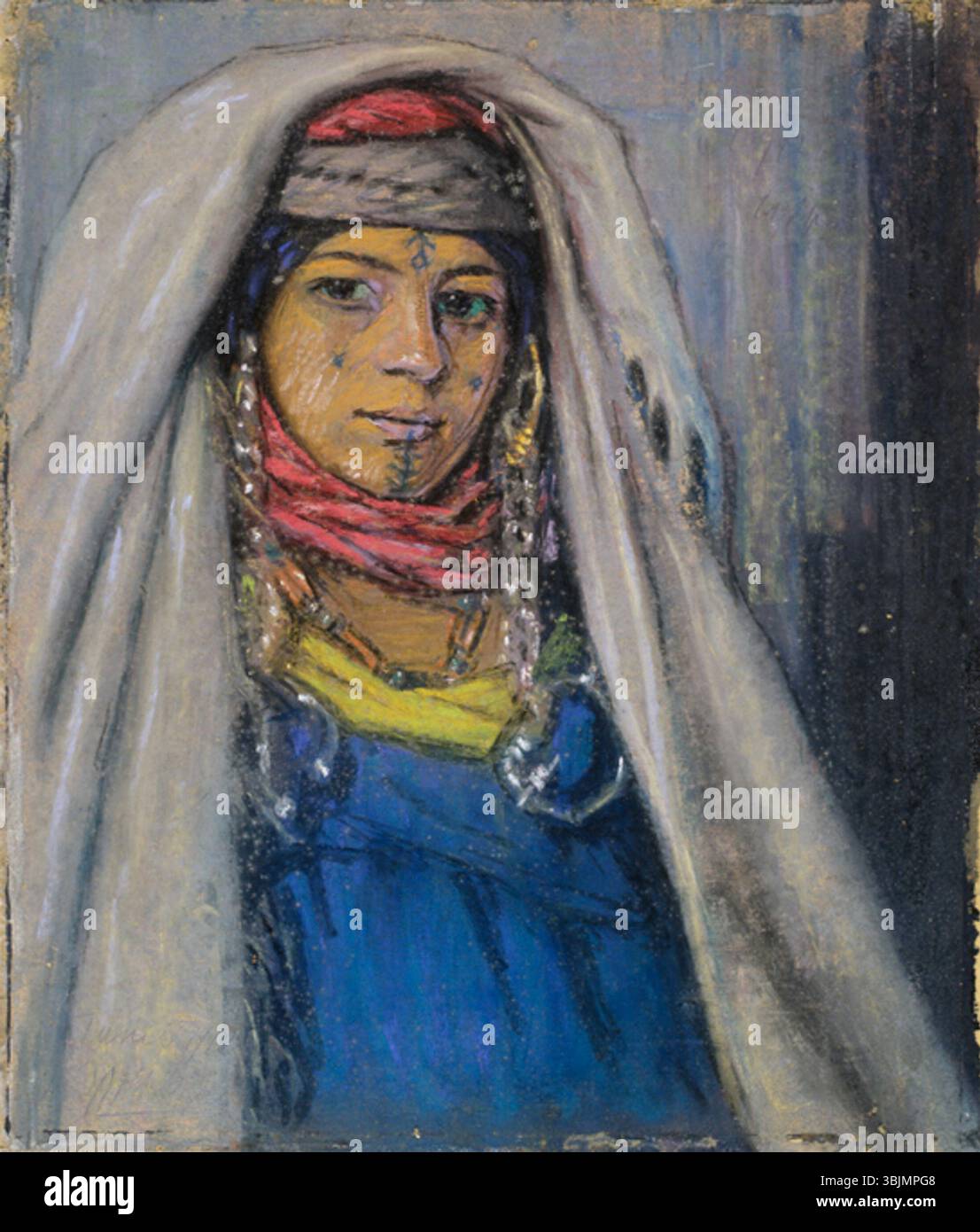 Abessiinlanna (femme bédouine) est un portrait représentant une femme bédouine de 1912 de Ants Laikmaa. La peinture met l'accent sur les traits du visage et la tenue traditionnelle. Banque D'Images