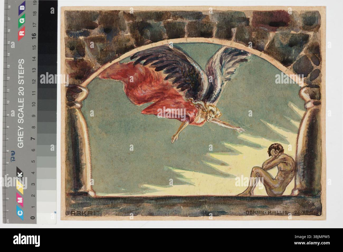 'Ärka' d'Oskar Kallis, peint en 1912, utilise du papier, de la gouache et de l'aquarelle pour illustrer une scène vibrante d'éveil, soulignant la maîtrise de Kallis dans le mélange des couleurs et la capture du mouvement. Banque D'Images
