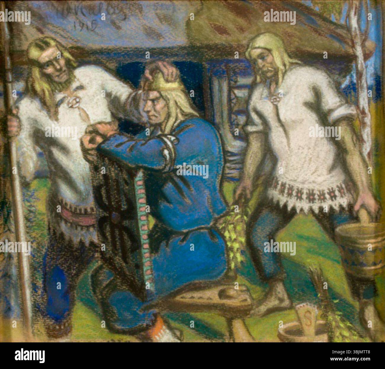 'Kalevipoja kroonimine' (1915) d'Oskar Kallis représente le couronnement de Kalevipoeg, le héros de la mythologie estonienne. La peinture utilise le pastel sur papier pour présenter une scène vibrante pleine de symbolisme et de fierté nationale. Banque D'Images