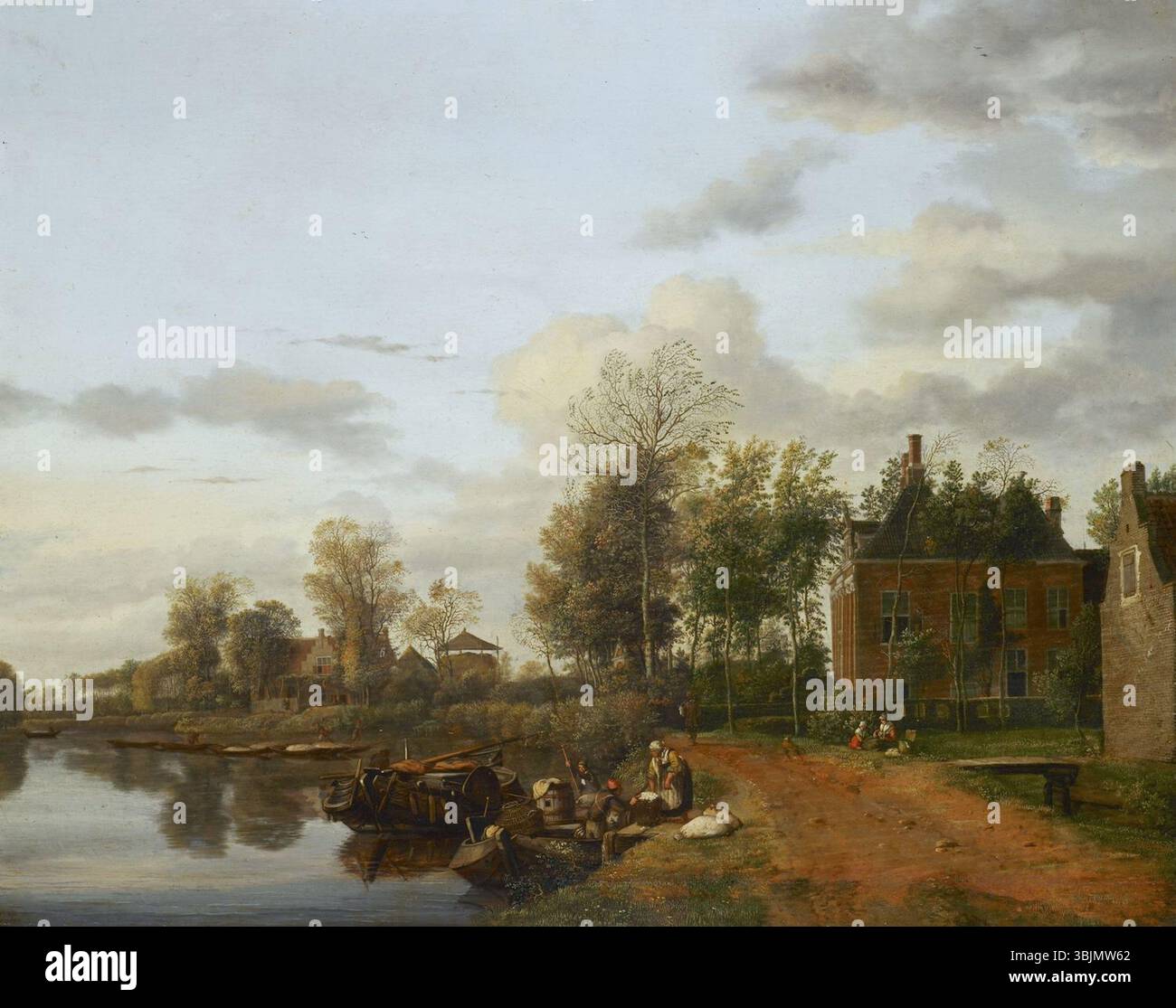 La peinture de Jan van der Heyden 'A Country House on the Vliet Near Delft' (1665) représente une scène rurale avec une maison de campagne près d'une rivière, capturée avec un détail méticuleux. L’huile sur panneau souligne les compétences de van der Heyden en peinture paysagère et architecturale. Banque D'Images