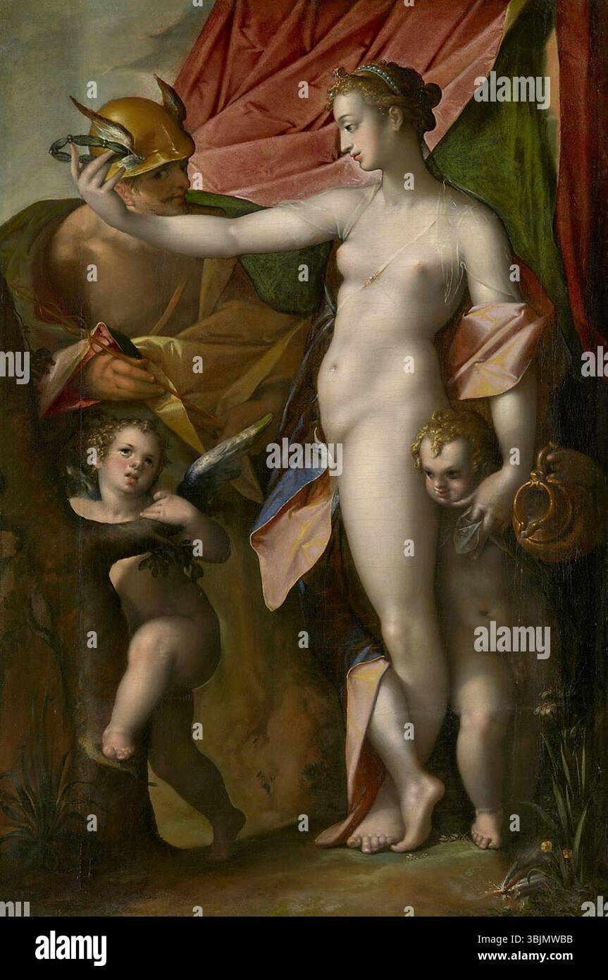 « Venus und Merkur » de Bartholomäus Spranger (vers 1585) représente les dieux romains Vénus et Mercure dans un moment intime, rendus avec des détails exquis typiques de l'art maniériste à la fin du XVIe siècle. Banque D'Images