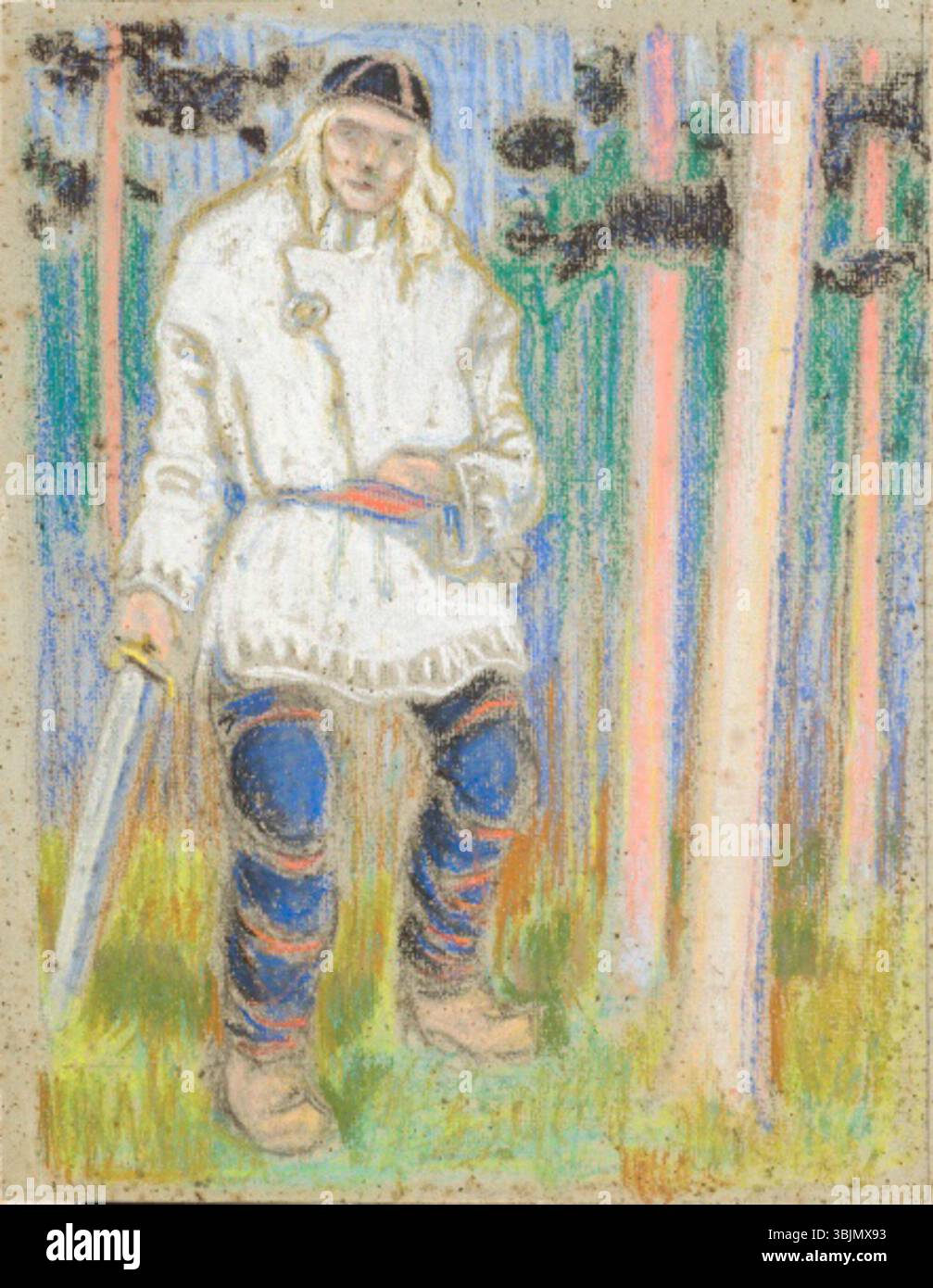 'Kalevipoeg' (le fils de Kalev) d'Oskar Kallis est une peinture créée entre 1912 et 1913. Cette œuvre, réalisée en papier et pastel, représente la figure héroïque du poème épique estonien 'Kalevipoeg' de manière dynamique et symbolique. Banque D'Images