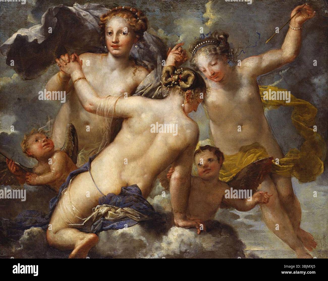 Cette peinture à l'huile de Pietro Liberi, créée vers 1670-1680, représente les trois grâces de la mythologie classique, représentant la beauté, le charme et la créativité dans le style de l'art baroque. Banque D'Images