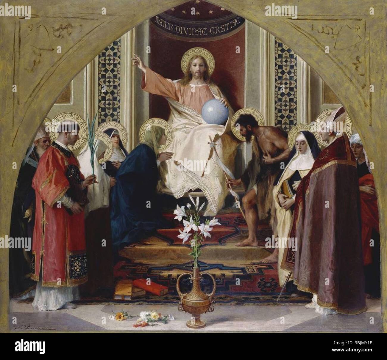 *Le Rédempteur intronisé* de Niccolò Barabino (1878-1880) représente le Christ intronisé dans la vénération religieuse, peint avec des détails fins et des couleurs réalistes. Banque D'Images