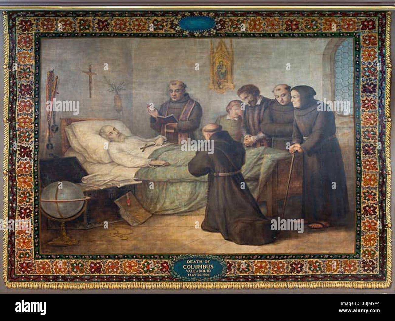 La mort de Colomb de Luigi Gregori, créée entre 1882 et 1884, fait partie d'une série de peintures murales à Valladolid, en Espagne. L'œuvre représente la mort de l'explorateur Christophe Colomb le 20 mai 1506, capturant la solennité et la signification historique du moment. Banque D'Images