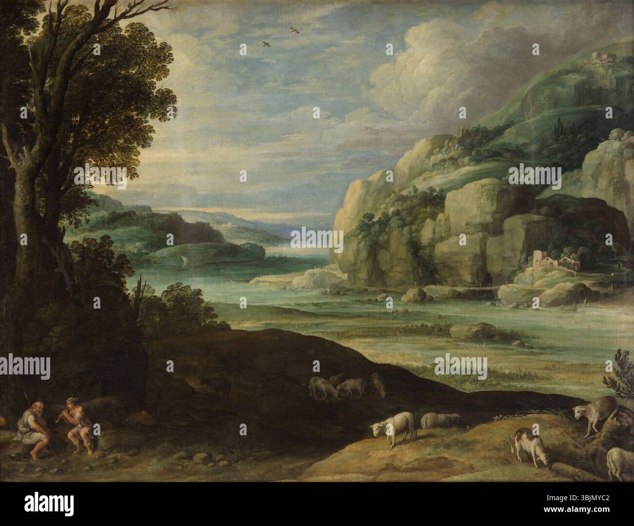 Paysage avec Mercure et Argus de Paul Bril (vers 1553-1626) est une peinture à l'huile datant de vers 1612. La scène de paysage représente le mythe grec de Mercure et Argus, mettant en évidence à la fois la beauté naturelle des environs et le récit dramatique. Banque D'Images