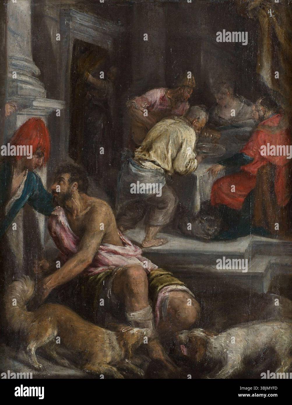 Gleichnis vom reichen Mann und dem armen Lazarus de Jacopo Bassano (la parabole de l'homme riche et du pauvre Lazare, vers 1559) dépeint la parabole biblique de Lazare et de l'homme riche dans une peinture à l'huile vive. Banque D'Images