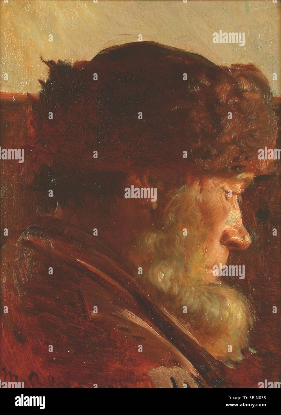 *Fisker Med skæg* (Un pêcheur barbu) de Michael Ancher est un portrait d'un pêcheur avec une barbe proéminente. Le tableau, créé entre 1867 et 1927, met l’accent sur le réalisme dans sa représentation de l’aspect accidenté du sujet et de l’atmosphère de la vie côtière. Banque D'Images