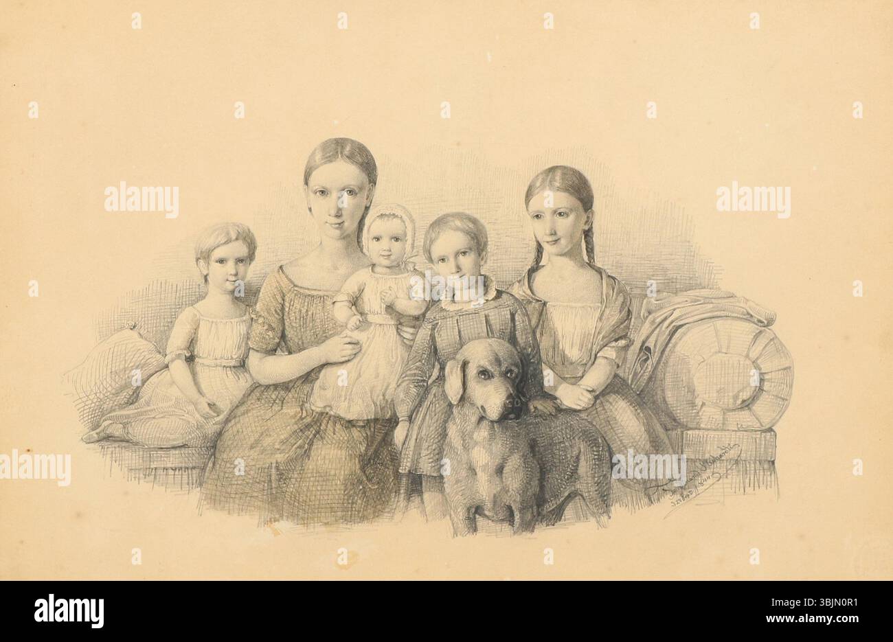 Dessin de Ferdinand Richardt (1819-1895) de 1844 montrant un portrait de groupe des membres de la famille Zytphen-Adeler, réalisé avec du plomb et de l'aquarelle sur papier. Banque D'Images