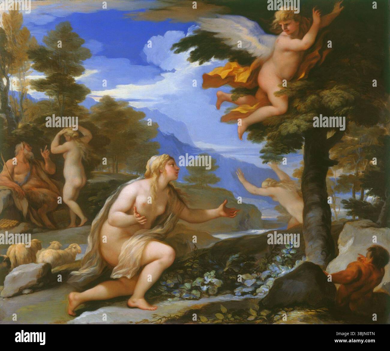 « Cupid abandonnant Psyché » de Luca Giordano (vers 1695-1697) dépeint le départ de Cupidon de Psyché, capturant l'agitation émotionnelle et la complexité de leur histoire d'amour mythologique avec des figures expressives. Banque D'Images