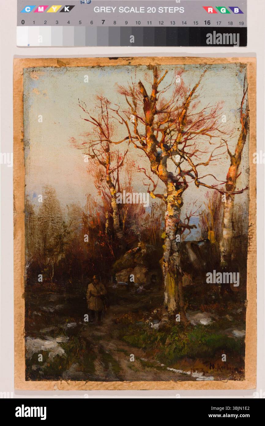 'Sügismaastik' (paysage d'automne) de Julius Sergius von Klever, peint en 1873, capture la beauté d'une scène forestière en automne. La peinture à l'huile sur toile dépeint les riches couleurs du feuillage d'automne, soulignant la transition saisonnière. Banque D'Images