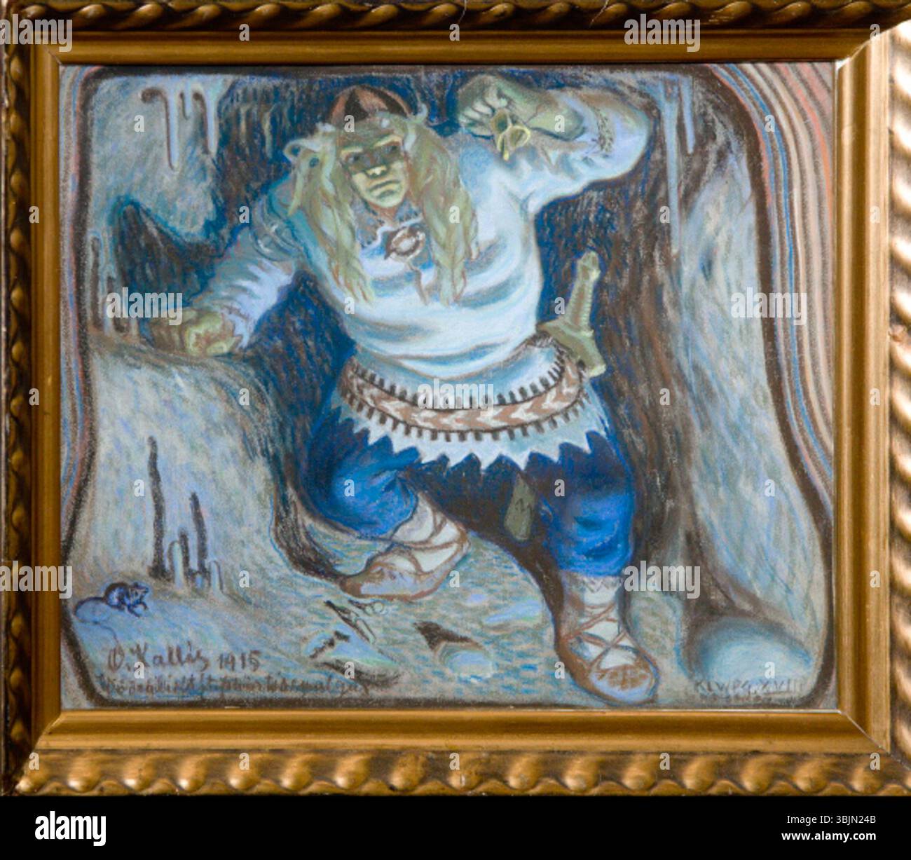 'Kalevipoeg Allilmas' (Kalevipoeg dans le monde souterrain) d'Oskar Kallis (1915) représente le légendaire héros estonien Kalevipoeg dans un décor dramatique et sombre, peint en pastel sur papier. Banque D'Images