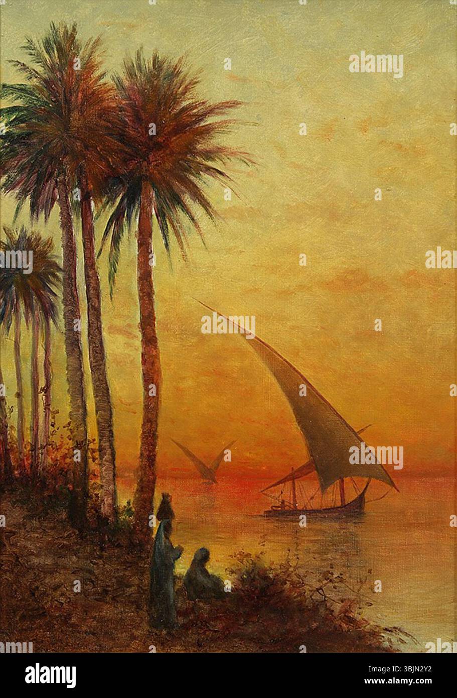 'Nílusi naplemente' (1889) d'Antal Ligeti capture les couleurs saisissantes d'un coucher de soleil sur le Nil. La peinture, utilisant de l'huile sur toile, dépeint la transition paisible mais dramatique du jour à la nuit au-dessus de la rivière. Banque D'Images 'Nílusi naplemente' (1889) d'Antal Ligeti capture les couleurs saisissantes d'un coucher de soleil sur le Nil. La peinture, utilisant de l'huile sur toile, dépeint la transition paisible mais dramatique du jour à la nuit au-dessus de la rivière. Banque D'Images