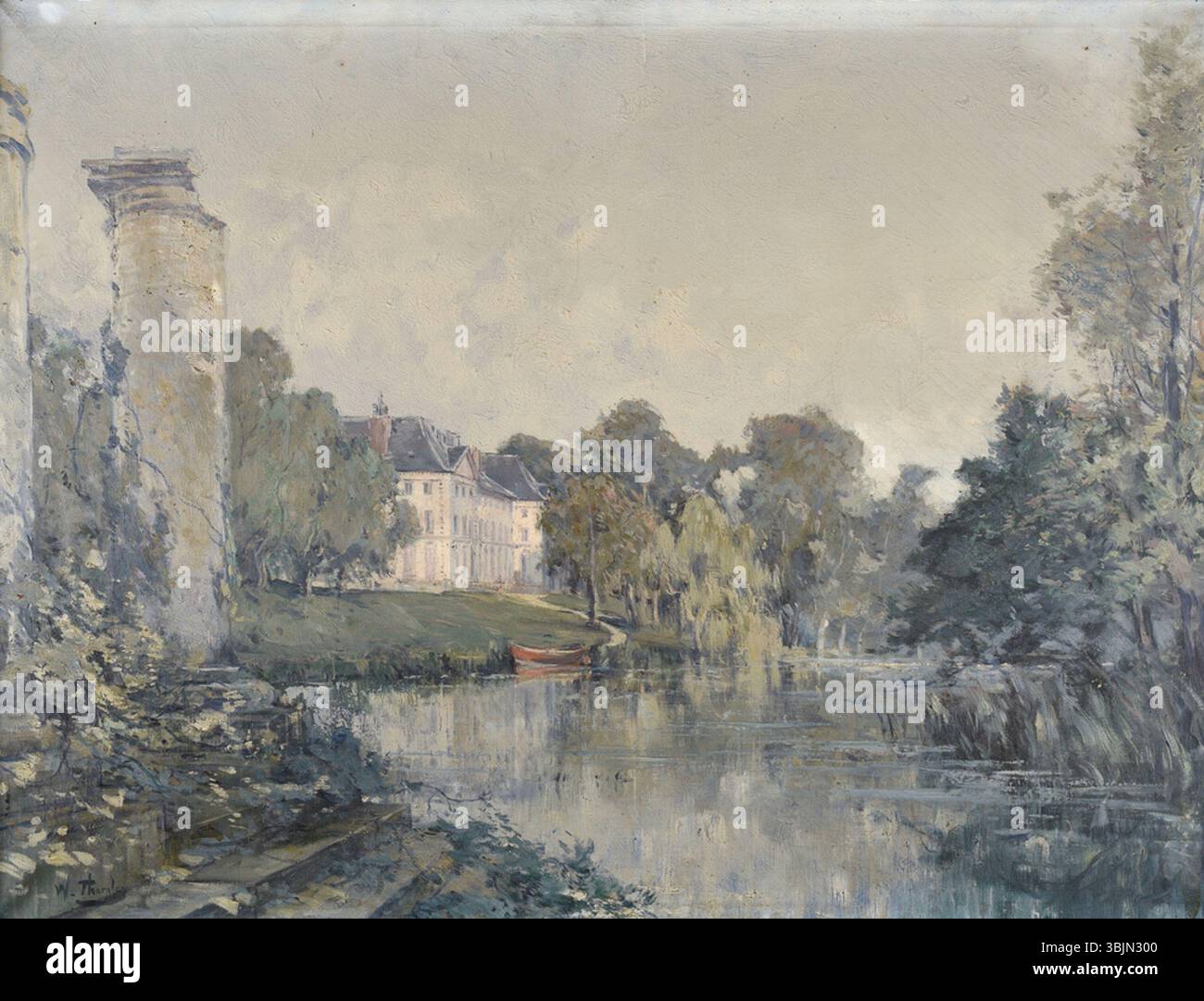 'Château dans un paysage' de Georges William Thornley (1857-1935) est une peinture à l'huile représentant un château majestueux sur un paysage pittoresque. La pièce capture la beauté architecturale du château et la beauté naturelle environnante. Banque D'Images