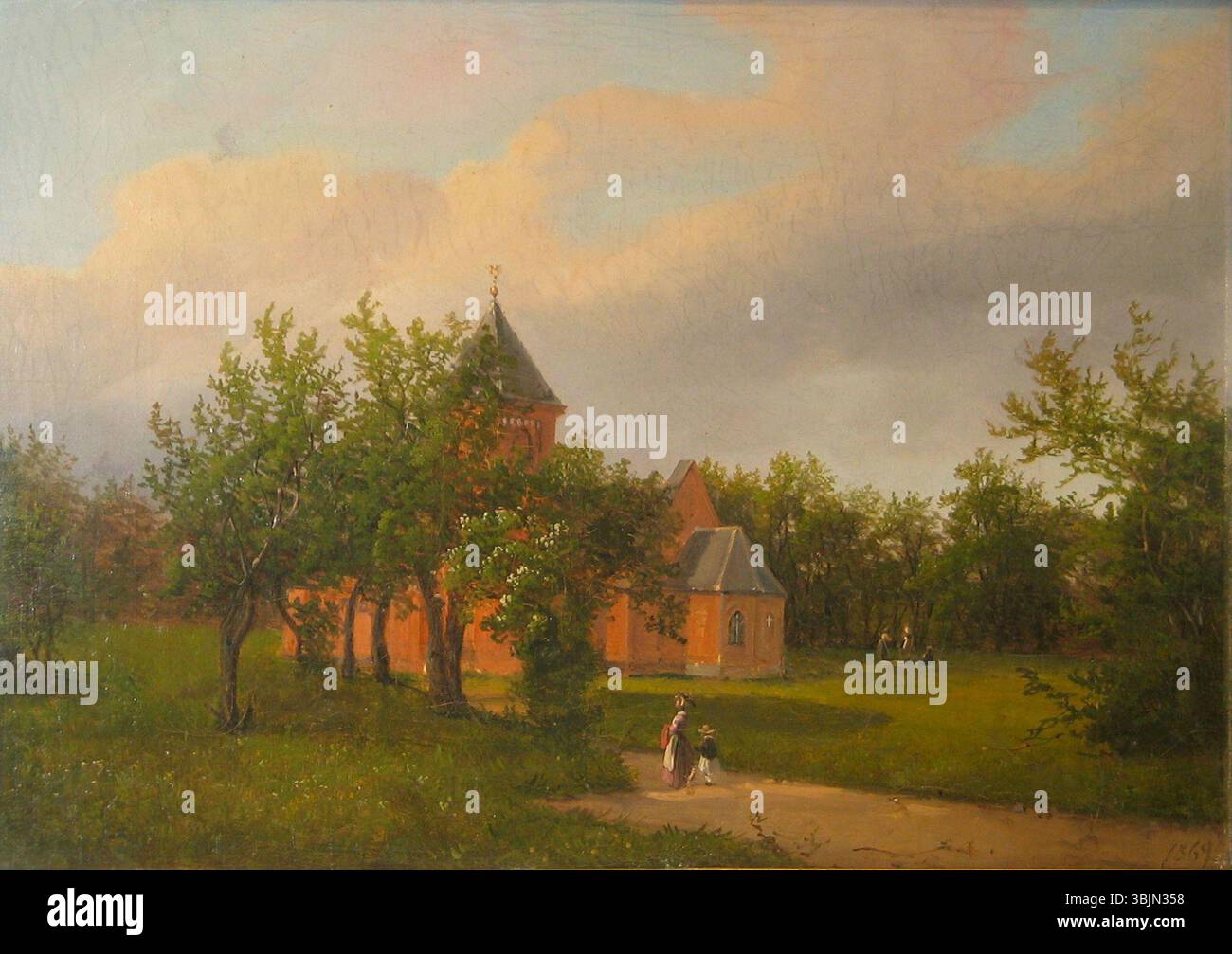 La peinture à l'huile de Ferdinand Richardt de 1869, « vue de l'église de Taarbæk », représente l'église historique de Taarbæk, au Danemark, avec son architecture saisissante dans un décor pittoresque. Banque D'Images La peinture à l'huile de Ferdinand Richardt de 1869, « vue de l'église de Taarbæk », représente l'église historique de Taarbæk, au Danemark, avec son architecture saisissante dans un décor pittoresque. Banque D'Images
