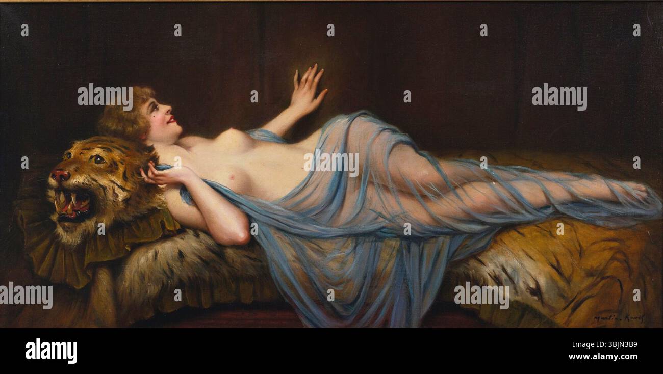 *Femme au tigre* de François Martin-Kavel est une peinture à l’huile représentant une femme avec un tigre. L’utilisation par l’artiste de couleurs vives et d’un contraste saisissant transmet puissance, élégance et relation mystérieuse entre les deux personnages. Banque D'Images *Femme au tigre* de François Martin-Kavel est une peinture à l’huile représentant une femme avec un tigre. L’utilisation par l’artiste de couleurs vives et d’un contraste saisissant transmet puissance, élégance et relation mystérieuse entre les deux personnages. Banque D'Images