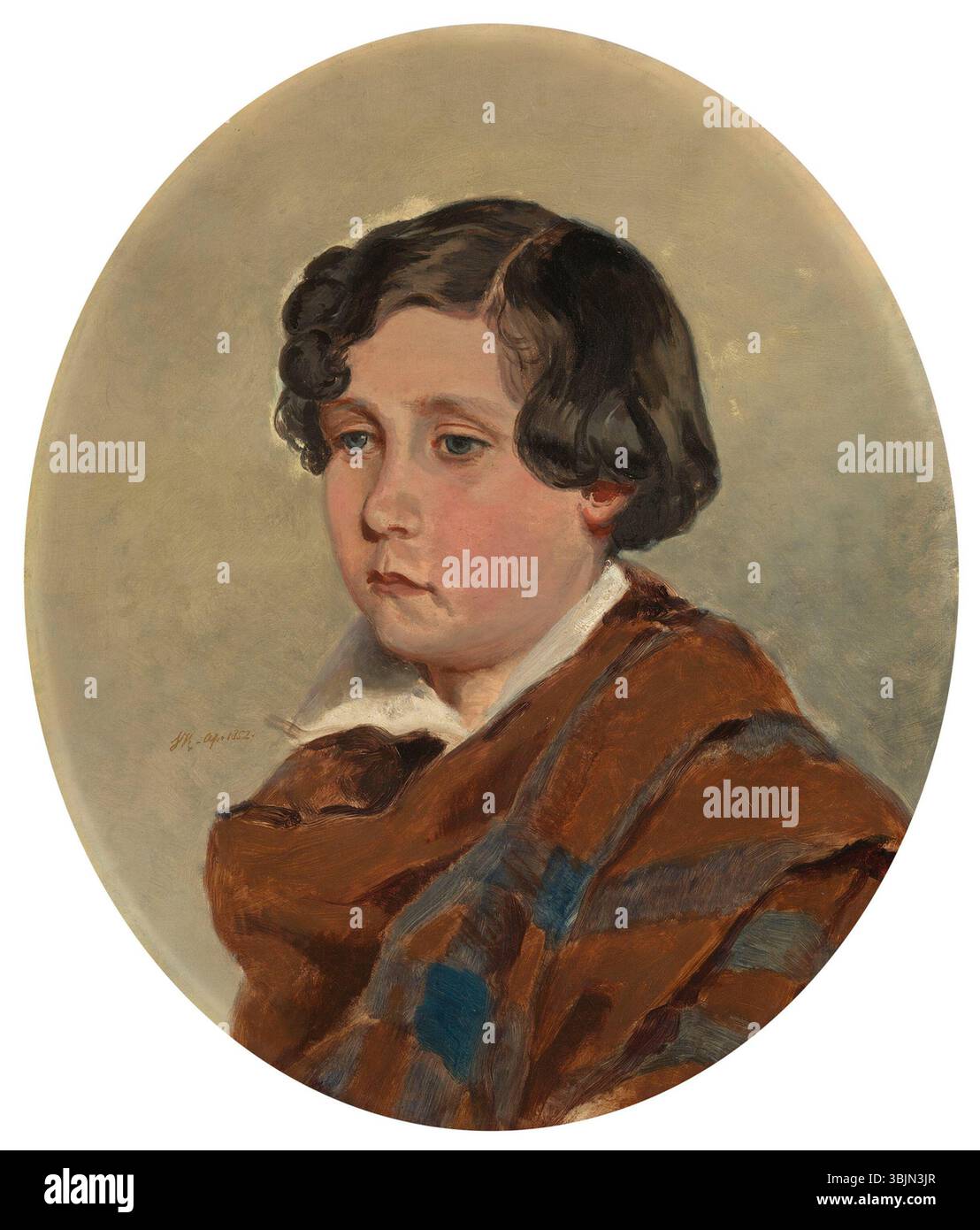 *Portrait de la reine Victoria* par Archibald Macdonald, peint en 1852, représente la reine Victoria dans une pose formelle. L'huile sur toile souligne sa posture royale et sa tenue vestimentaire, reflétant son statut de reine du Royaume-Uni. Banque D'Images