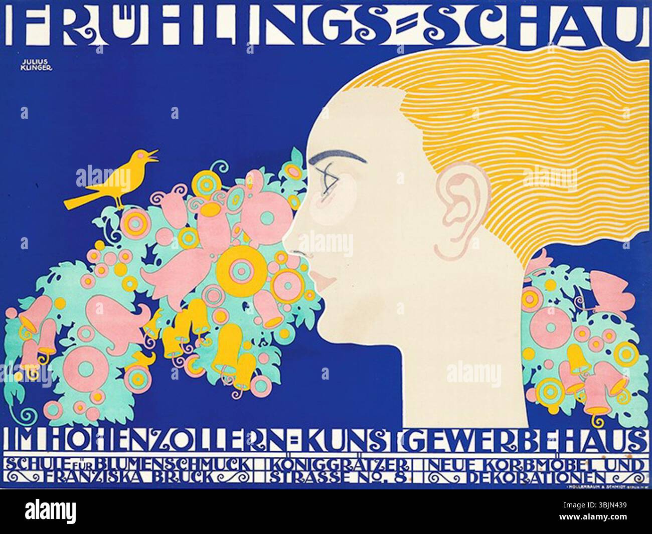 L'affiche de 1914 de Julius Klinger, 'Frühlings-Schau im Hohenzollern-Kunstgewerbehaus', a été conçue pour une exposition de printemps à Berlin. L'affiche est un exemple notable de design graphique allemand du début du XXe siècle. Banque D'Images