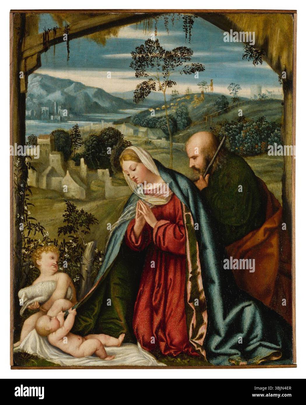 Moretto da Brescia (1498–1554) peint *la Sainte famille dans un paysage*, une huile sur panneau représentant la Vierge Marie, Joseph et l'enfant Jésus dans un cadre naturel serein. L’œuvre met en lumière l’harmonie entre les sujets religieux et la beauté de la nature. Banque D'Images